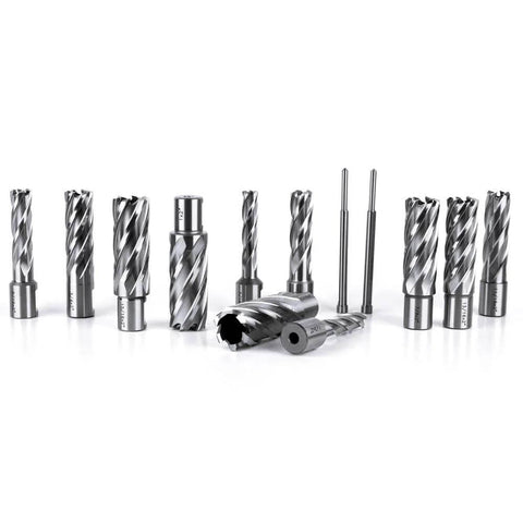 Front view of OSCARBIDE annular cutter set, 13 pieces, 2" cutting depth, Weldon 3/4" shanks, diameters 7/16"–1-1/16", includes 2 pilot pins