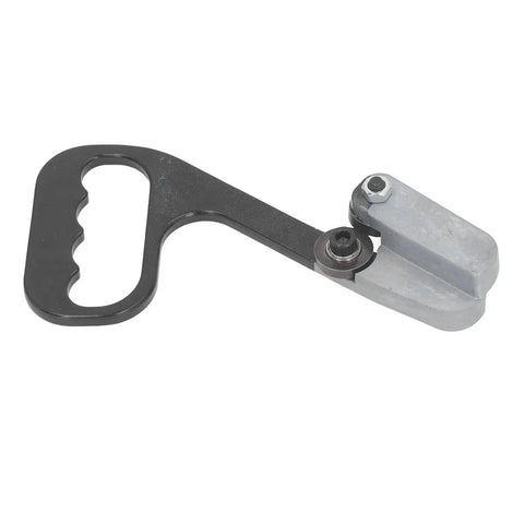 Hand Pull Metal Cutter Shear With Curved Handle, Grab-and-Go Portable Plate Cutter, lightweight aluminum, easy grip tool in gray and black.
