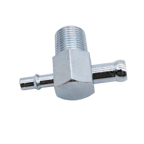 Front view of YUCHENSHLP vacuum T-fitting for intake manifold, zinc-plated steel, 3/8in NPT thread, with 1/4in and 3/8in barbed nipples