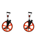 Dead Precise Hand Held Distance Measuring Wheel Featuring Rock Hard Mechanical Gear Counter And Nifty Zero Reset Switch For Big Tough Outdoor Land Scouting And Yard Mapping Duties, showing two devices with orange wheels.