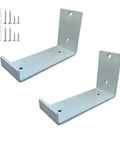 No Sweat Install Wall Mount Shelf Brackets 2 Pack Hella Heavy Duty L Shaped Metal Floating Braces With No Slip Lip And Included Hardware Clean White Finish, displaying two white floating shelf brackets with hardware.