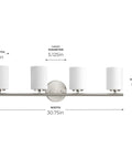 Four Light Etched White Glass Modern Bathroom Vanity Light Replay Collection Brushed Nickel Finish 31in width, 8in height