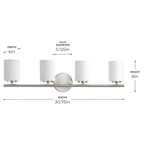 Four Light Etched White Glass Modern Bathroom Vanity Light Replay Collection Brushed Nickel Finish 31in width, 8in height