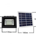 JUDYSSY Led Solar Flood Light with Ligent Power Display Day Night Automatic Induction Bright dimensions showing solar panel and floodlight.