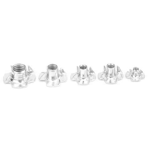 Five sizes of the Galvanized Silver Carbon Steel Tee Nut Kit for Furniture Projects, showing the rust resistant finish.