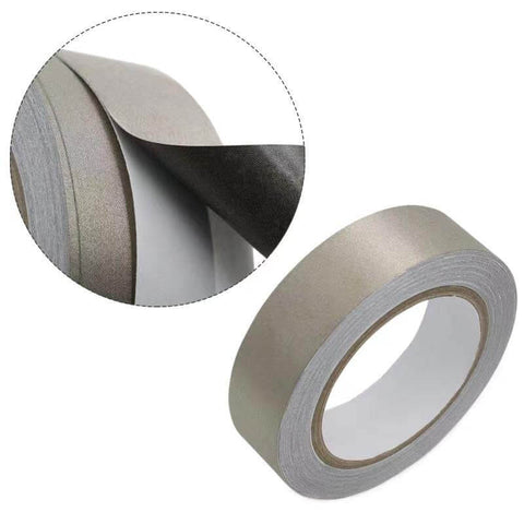 Heavy Duty Faraday Shield Tape 2 Inch By 65 Feet Conductive Cloth Adhesive For EMI Grounding RFID Attenuation And Guitar Interference Shielding Industrial Grade Tape For Builders IT Pros And Makers, showing roll and close-up of texture
