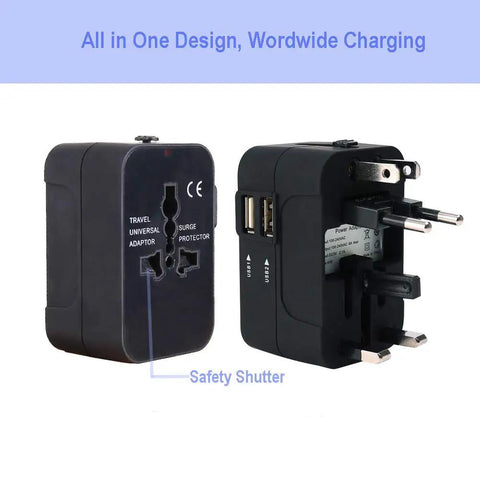 Worldwide Travel Adapter Must Have All In One Universal Plug With Dual USB Ports 2 1A Fast Charging for Asia Europe UK AUS USA Black