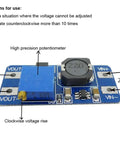 Mt3608 DC DC Step Up Boost Power Converter Module with potentiometer and input-output labels, 36x17x14 mm