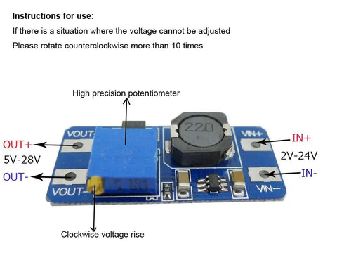 Mt3608 DC DC Step Up Boost Power Converter Module with potentiometer and input-output labels, 36x17x14 mm