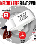 Mercury-free float switch for automatic submersible bilge water pump for boats 12V 1100GPH with wiring and label details.