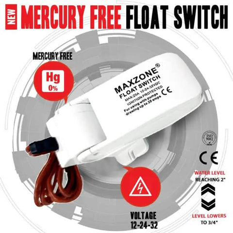 Mercury-free float switch for automatic submersible bilge water pump for boats 12V 1100GPH with wiring and label details.
