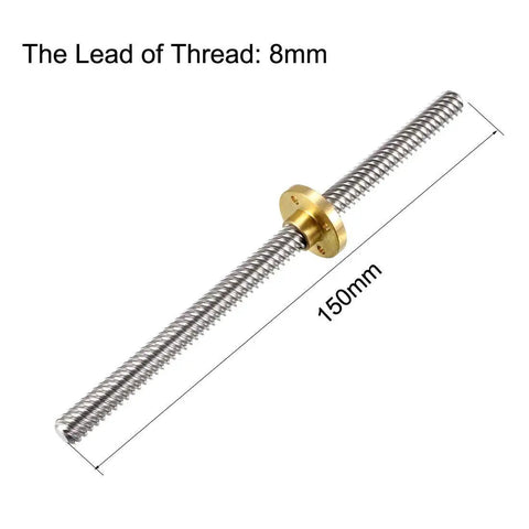 150mm T8 Lead Screw Rod 8mm Dia Stainless Steel With Copper Nut For 3D Printer Z Axis, shown at an angle, measuring details visible