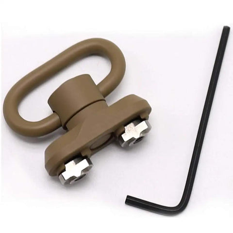Rock Solid QD Sling Swivel And M System Rail Adapter showcasing tan finish and steel components with hex key for install.