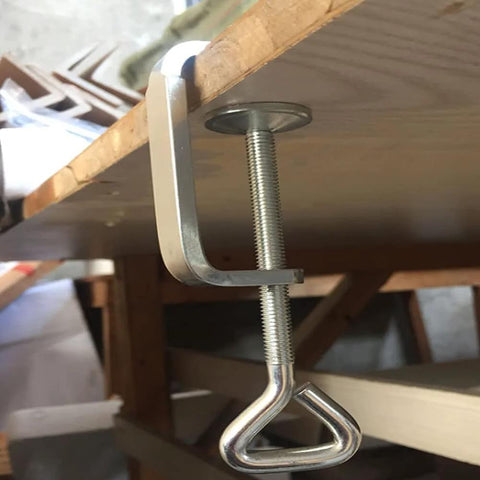Kyien stainless steel C-clamp securing wood with threaded screw and triangular loop handle