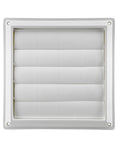 White 8 Inch Plastic Louver Vent With Opening And Closing Flaps And UV Inhibitor For Outdoor Use Built Tough For Exterior Walls Or Roof Grille Lightweight About 1 Pound Model 363W front view.