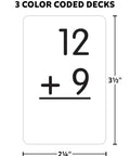 Fast Paced Addition Card Game For Elementary Kids And Teachers showing size of a math card with equation 12 + 9.