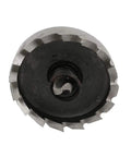 Front view of Pro Grade 28mm Hole Saw Cutter with 70mm overall length HSS spring loaded twist drill bit kit, silver and black finish