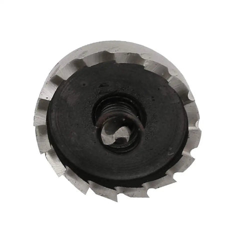 Front view of Pro Grade 28mm Hole Saw Cutter with 70mm overall length HSS spring loaded twist drill bit kit, silver and black finish