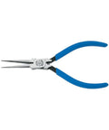 5 Inch Needle Nose Pliers With Spring Loaded Action And Extra Slim Profile For Tight Spots, blue ergonomic handles, knurled jaws.