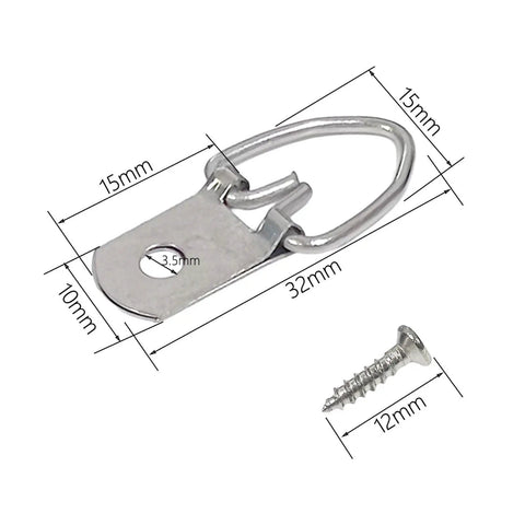 100 Pack D Ring Picture Hangers With Screws For Hanging Frames Mirrors Clocks Paintings Ten Pound Load Support One And A Quarter Inch Long Five Eighths Inch Wide Bulk Pack Includes 100 Six By One Half Inch Slotted Phillips Combo Screws, close-up.