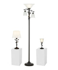 Traditional Torchiere Floor Lamp With Two Reading Lights, 72 Inches Tall, Oil Rubbed Bronze Finish, Rustic Leaf Accents And Frosted Glass Shades