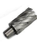 Angled side view of Oscarbide annular cutter, 1-5/16 in diameter, 2 in depth, Weldon shank
