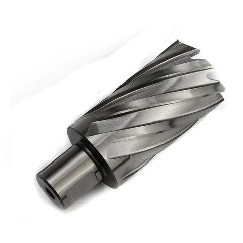 Angled side view of Oscarbide annular cutter, 1-5/16 in diameter, 2 in depth, Weldon shank