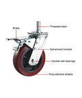 Eight Inch Swivel Casters With M20 Thread Stem And Sure Grip Brake Set Of Four Quiet Polyurethane Wheels for workbench gear close-up view