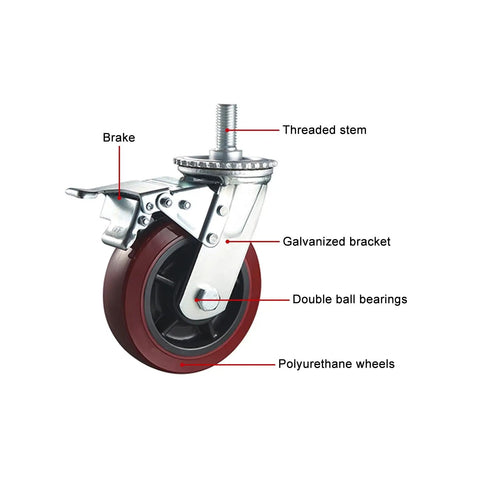 Eight Inch Swivel Casters With M20 Thread Stem And Sure Grip Brake Set Of Four Quiet Polyurethane Wheels For Workbench Gear detailed view with brake, ball bearings, and galvanized bracket.