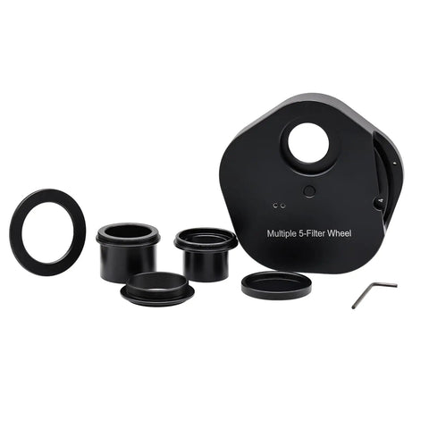 Five Position One Point Two Five Inch Filter Wheel For Telescope With Manual Drawer And Rotation Lock Ring adapters visible