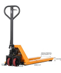 Heavy Duty Scissor Pallet Jack With 45 Inch Forks And 21 Inch Wide, Lifts Up To 31.5 In, Ergonomic Three Position Handle With Lower Slow Lift Fast Lift, 7.1 Inch Polyurethane Steering Wheels, Dual 2.9 Inch Fork Wheels, Leak Proof Hydraulic System, orange forks with handle