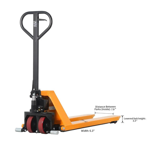 Heavy Duty Scissor Pallet Jack With 45 Inch Forks And 21 Inch Wide, Lifts Up To 31.5 In, Ergonomic Three Position Handle With Lower Slow Lift Fast Lift, 7.1 Inch Polyurethane Steering Wheels, Dual 2.9 Inch Fork Wheels, Leak Proof Hydraulic System, orange forks with handle