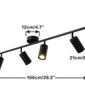 Four Light Black Track Lighting Kit With Flexible Heads Dimmable LED Indoor Ceiling Spotlight Mid Century Modern Style For Kitchen Living Room And Hallway Slick And Practical Flush Mount Track Lighting Fixture showing dimensions, 100cm length, 21cm height, 12cm width