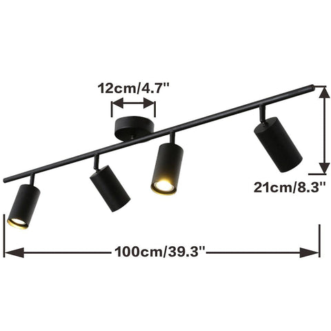 Four Light Black Track Lighting Kit With Flexible Heads Dimmable LED Indoor Ceiling Spotlight Mid Century Modern Style For Kitchen Living Room And Hallway Slick And Practical Flush Mount Track Lighting Fixture showing dimensions, 100cm length, 21cm height, 12cm width