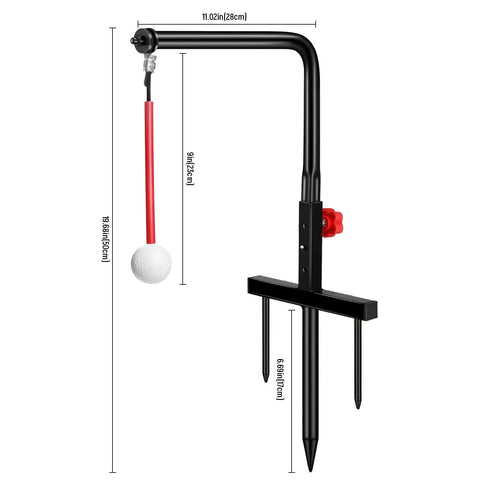 Go-To Golf Swing Trainer And Practice Aid, Heavy Duty Metal Stand, Portable And Easy To Set Up, shown with dimensions