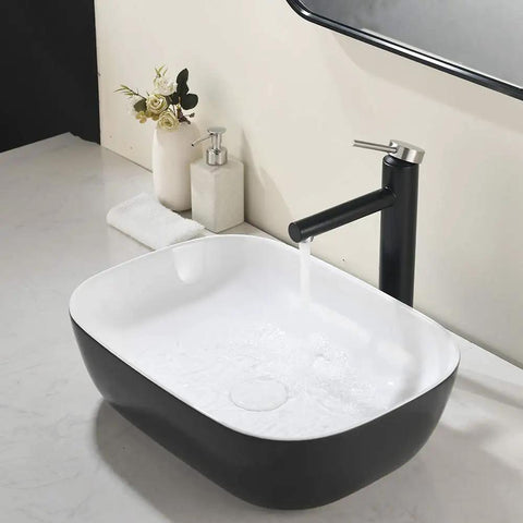 18x13 Inch Black Vessel Sink For Bathroom, Oval Ceramic Basin With Durable Glossy Finish, integrated in modern vanity