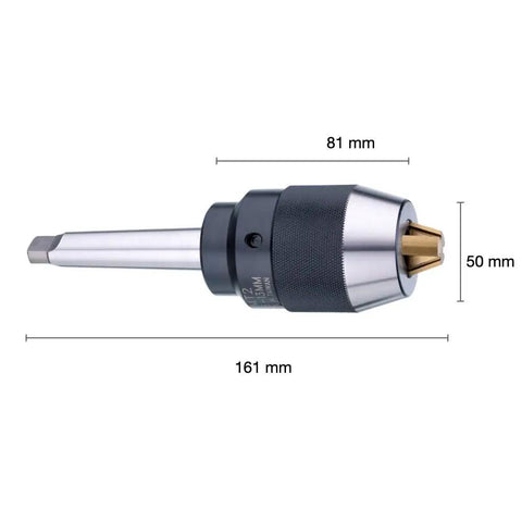 Side view of Beefed Up Heavy Duty Keyless Drill Chuck With Integrated MT2 Shank And Titanium Jaws, showing dimensions
