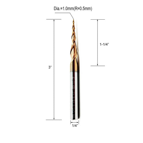 Tapered Ball Nose End Mill 1/4 Inch Shank, 3 Inch Overall Length, 0.5mm Ball Radius R0.5, Solid Carbide with TiAIN Coating CNC Tool