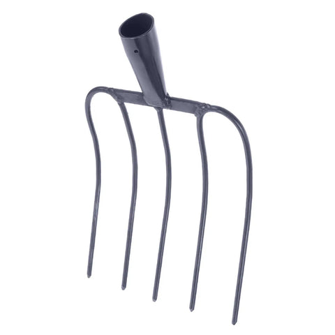 Heavy Duty Garden Fork For Farm Cleanup And Mulching, Versatile Manure Rake, shown with steel tines and head.