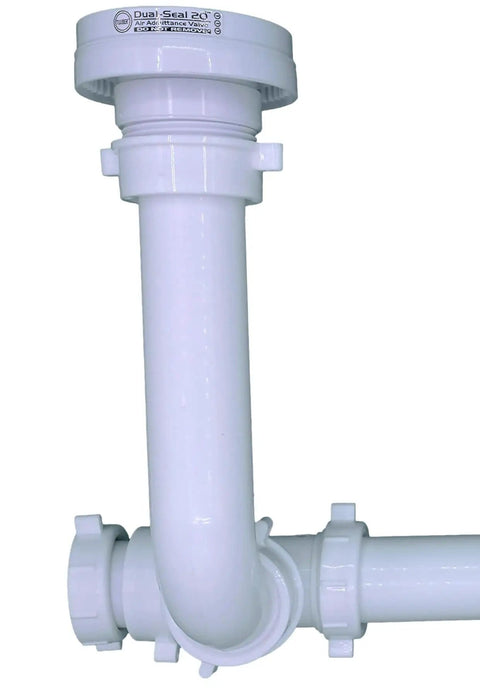 Close-up of Air Admittance Valve and 1-1/2 Inch P-Trap Kit for Sink Drain, White Tubular P-Trap Assembly, PVC material.