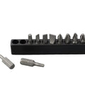 29 Piece Ratchet Socket Wrench Set Made From Heat Treated Chrome Vanadium Steel With Metric Sockets Driver Bits Extensions And Dual Direction Handle Perfect For Auto Repair Or Furniture Assembly A Hardcore Workshop Tool That Works Like A Charm, showing metric driver bits in a storage rack.