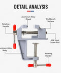 Ultra Lightweight Aluminum Table Vise With Clamp On Base for Hobby Woodworking detail view showing parts and labels.