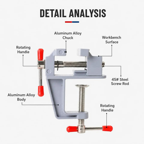 Ultra Lightweight Aluminum Table Vise With Clamp On Base for Hobby Woodworking detail view showing parts and labels.