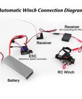 Automatic winch connection diagram showing battery, ESC, receiver, RC winch for 1 By 10 Scale RC Metal Automatic Winch With Wireless Controller And Receiver For Axial SCX10 90046, TRX4, Redcat Crawler Upgrades, Heavy Duty CNC Housing, Realistic Winch Action, Remote Control System