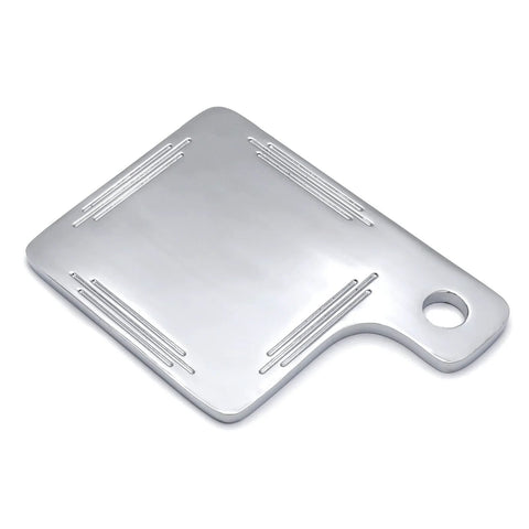 Front view of chrome motorcycle license tag plate with mounting hole.