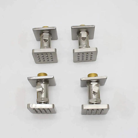Solid Brass Shower Body Spray Massage Nozzles, 4 Pack Wall Jets With Adjustable Flow, Swivel Neck, Brushed Nickel Finish displayed.