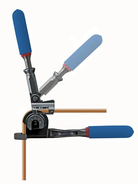 Triple Head 180 Degree Tube Bender With Roto Lok Indexing Handle demonstrating bending action on copper tubing.