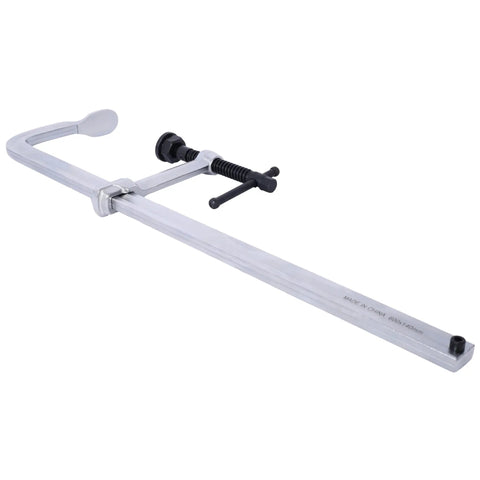 Heavy Duty F Clamp With Removable Swivel Pads 20 Inch Capacity And 5.5 Inch Throat Steel Bar Tool angled view showing clamping mechanism.