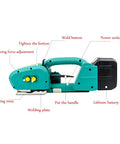 Grab And Go Packaging Cordless Hot Melt Strapping Machine With Fast Charge Battery showing buttons and battery details.