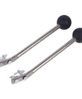 Two metal float rods with black floats and latch mechanisms for liquid level controls, laid side by side.
